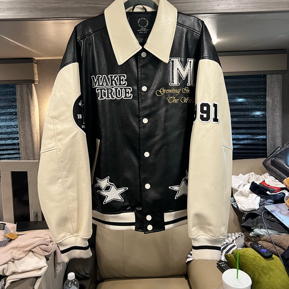 Black and White Varsity Bomber Jacket with Patches